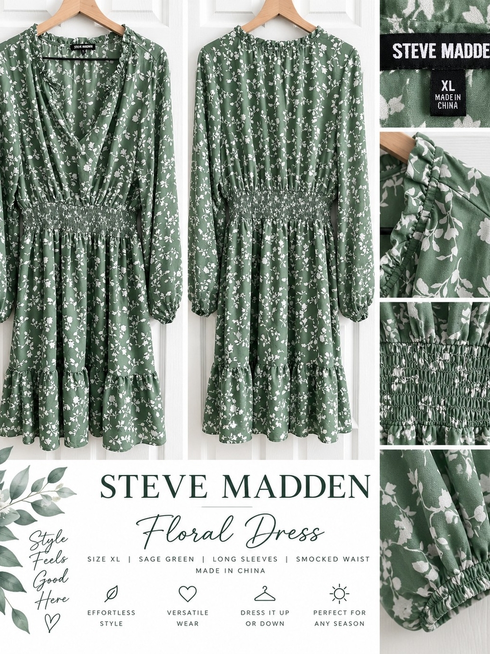 Steve Madden Sage Green Floral Smocked-Waist Long Sleeve Dress